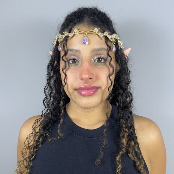 Gold Elf Fairy Tiara with Iridescent Gem & 4 Elf Ears Halloween Cosplay Princess - Picture 11 of 12